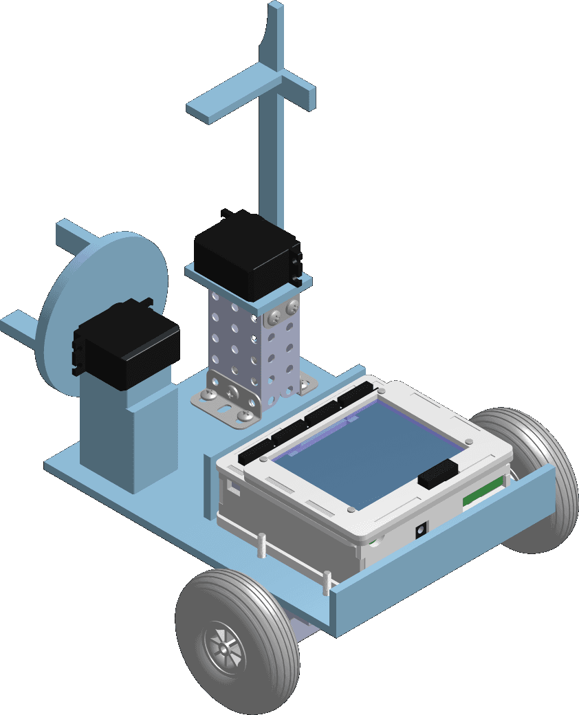 Isometric view of the robot: a rectangular plywood chassis on two wheels, carrying the controller, two servos, a disc-shaped compost rotator, and a tall lever arm.